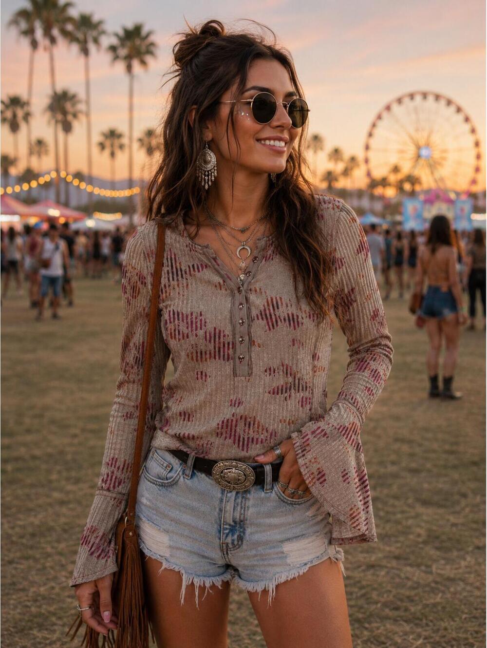 Free People Ribbed Boho Bell Sleeve Henley Top Women’s Medium NWOT